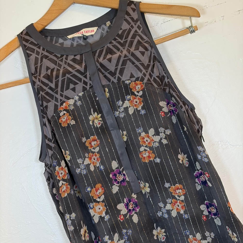 Rebecca Taylor Silk Floral Geometric‎ Metallic Ruffle Dress Sleeveless Size 4